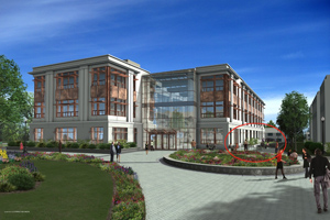 Outdoor landscape of the new SIS building depicting the placement of the new outdoor cafe.